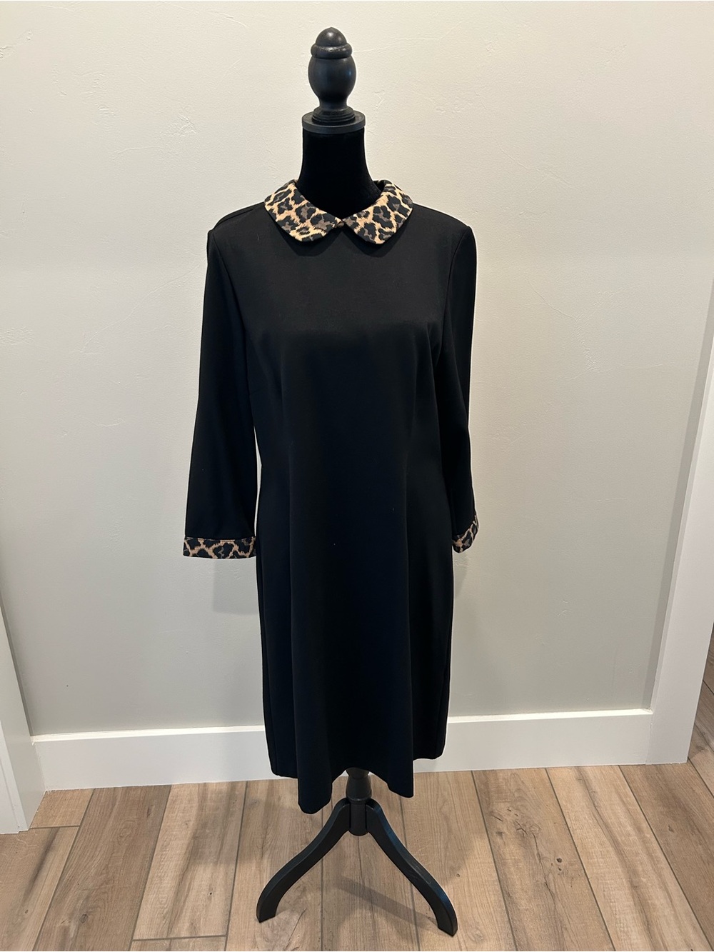 Talbots Black Midi Dress with Leopard Collar and Cuff Trim Size 12p